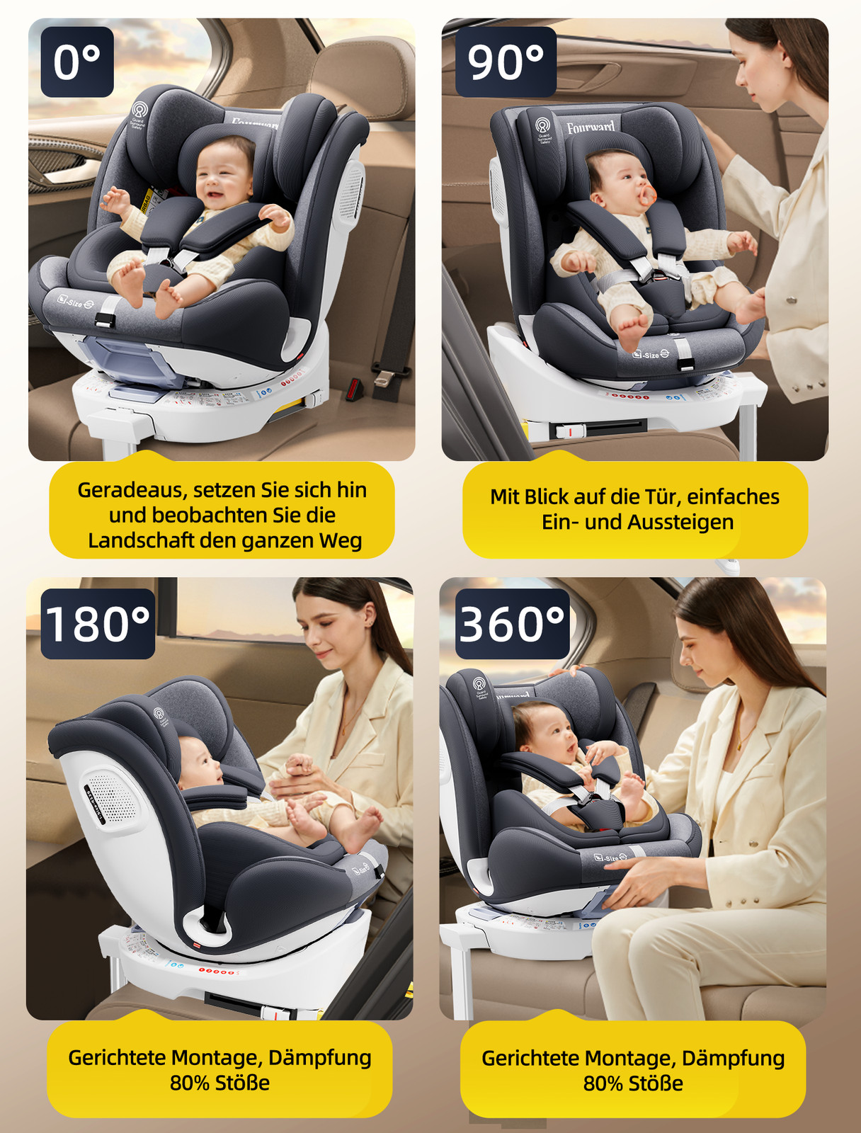 Fourward Seggiolini Auto per Bambini Girevole a 360° 9-36Kg / 40-150 cm Grigio foto 5