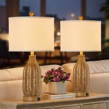 Set of 2 Rattan Table Lamps with USB Ports, Farmhouse Boho Style, White Shade
