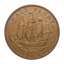 1965 UK Half Penny Coin  Pre-Decimal Bronze  Queen Elizabeth II Young Head Z2793