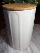 Glossy White Ceramic Canister with Well-Sealed Bamboo Lid 7.5" x 5"