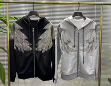 Men Luxury Hoodie Wing Diamond Rhinestone Fashion Casual Loose Fit Trendy Zip