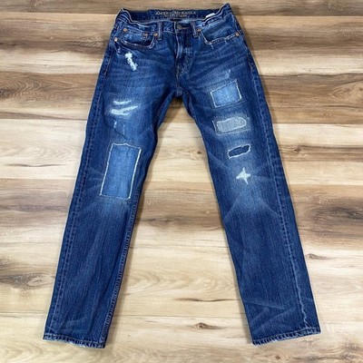American Eagle Slim Straight Distressed Patchwork Jeans Mens 28x30 Indigo Blue