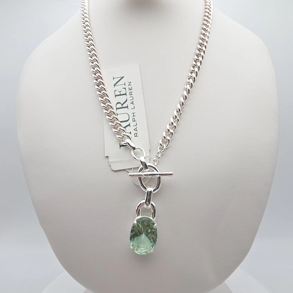 ¡Nuevo! Collar de palanca Ralph Lauren piedra verde placa de plata cadena de 16" con etiquetas Foto 3 de 4