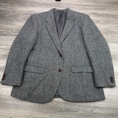 Vintage Harris Tweed Sport Coat Mens 48 Gray Herringbone Handwoven Scottish Wool