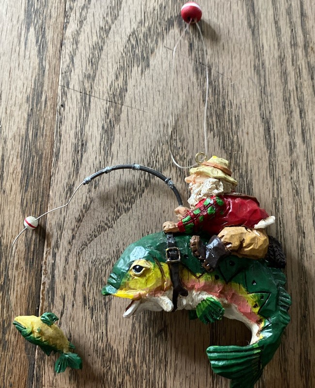 Vintage FISHING MOUNTAIN MAN RIDING A FISH catching a FISH FUNNY UNIQUE Ornament
