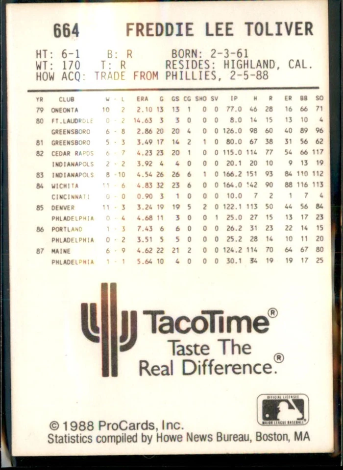 1988 ProCards #664 Portland Fred Toliver Auto/ Signed in Person - Image 2 of 2