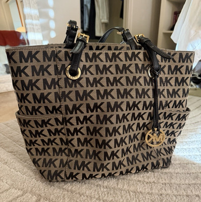 Michael Kors MK Logo Tote Zip Top Brown/Black Gold Hardware Bag Charm