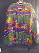 Vintage Silk Club All Over Print Fish Designer Bomber Jacket Size Large
