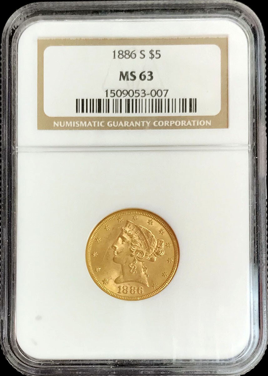 1886 S GOLD USA $5 LIBERTY HEAD HALF EAGLE COIN NGC MINT