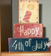 Primitive Shelf Blocks Happy 4th of July Americana Firecracker Red White  Blue