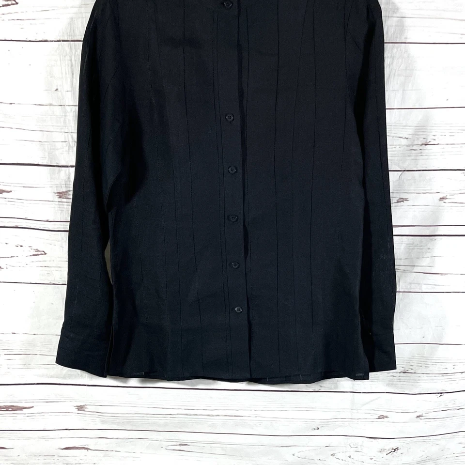 Talbots Womens Top Size 6 Black Linen Button Up Long Sleeve Band Neck EUC - Image 3 of 4
