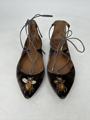 Aquazzura Womens Brown Velvet Beaded Lace Up Pointed Toe Flats Sz 36