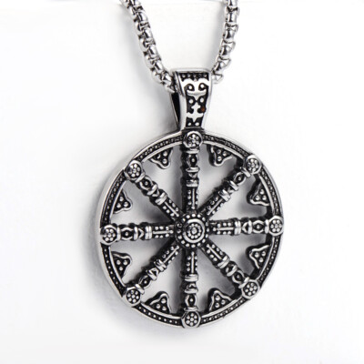 Mens Chakra Necklace Stainless Steel Pendant Dharma Wheel of
