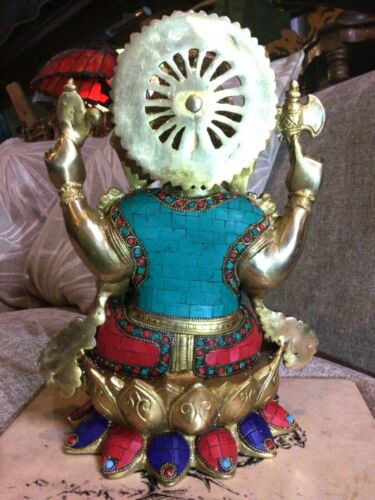 Ganesh grande statua ottone pietre intarsiate scultura tempio divinità orientale 31 cm 8 kg - Foto 11 di 12