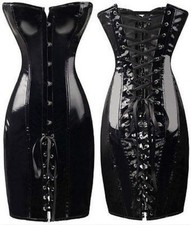Sexy PVC Basque Lace Up Dress Lady Bodycon Boned Corset Costume Shaper Dress Fit