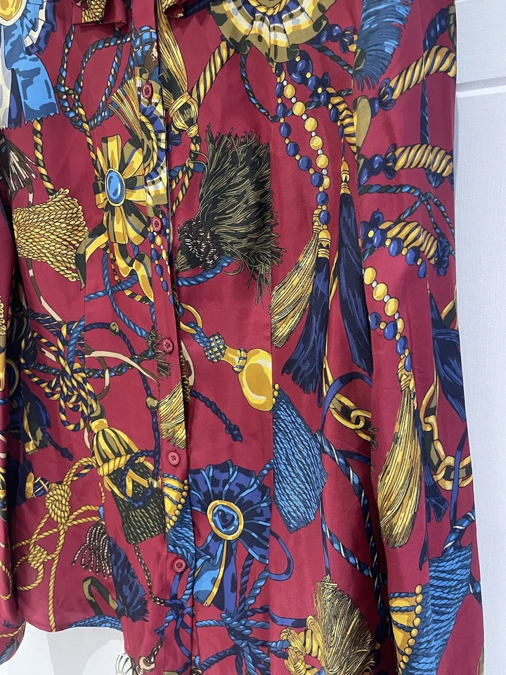 Blusa Camisa Roja Love Moschino Clásica Vintage Cadenas Estampado Brida UK14 IT46 Foto 4 de 4