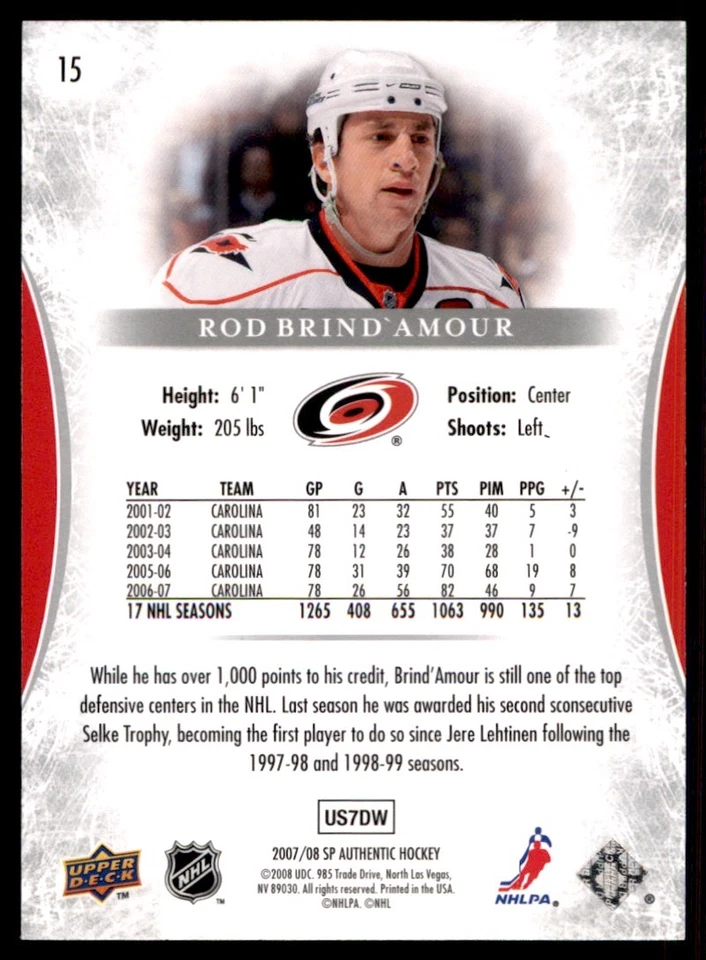 2007-08 SP Authentic Rod Brind'Amour Carolina Hurricanes #15 - Image 2 of 2
