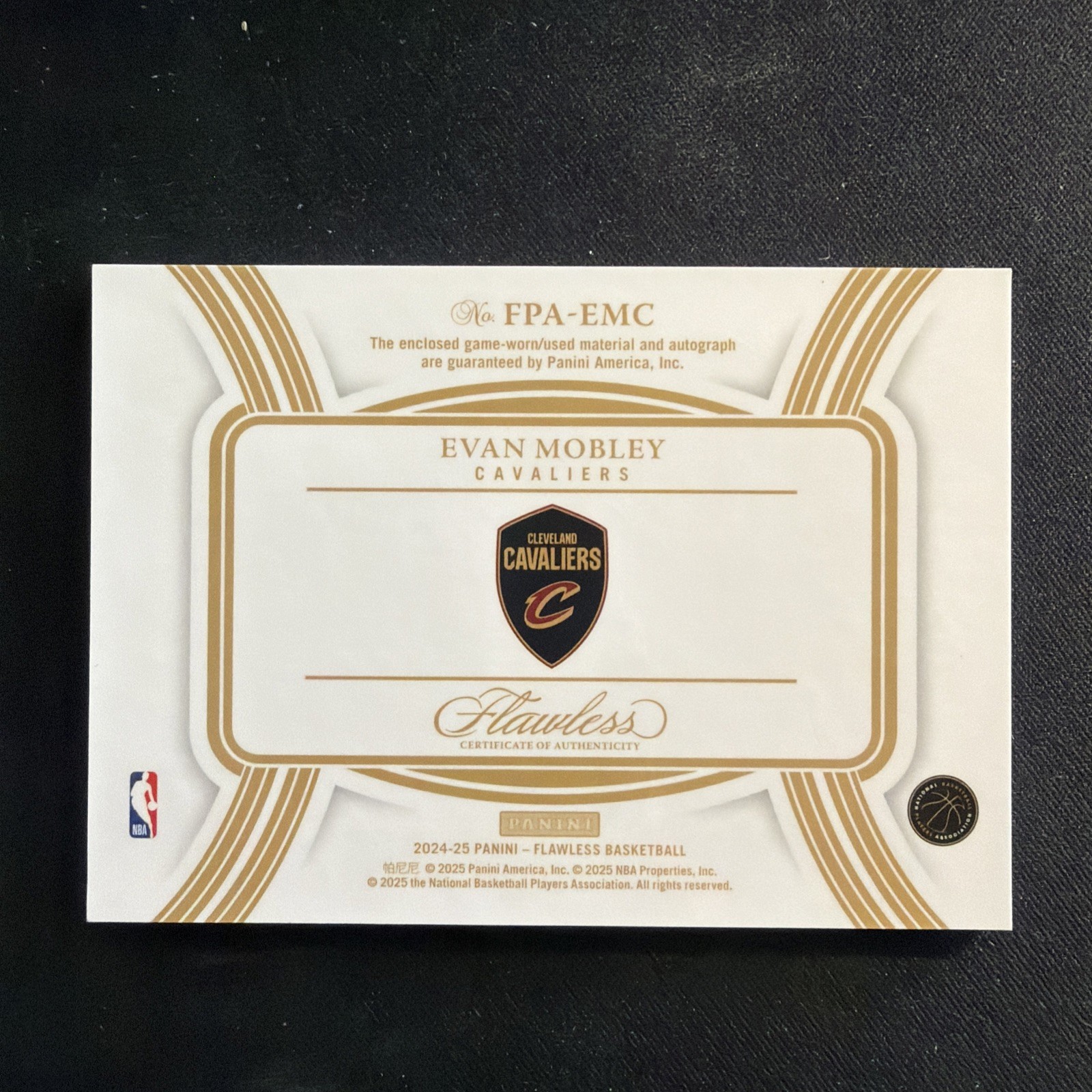 2024-25 Panini Flawless Evan Mobley 1 Of 1 Patch Auto 1/1 Cavaliers view 2