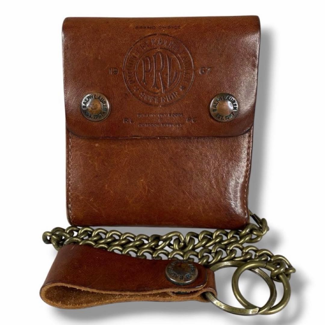 RRL Ralph Lauren Leather Biker Wallet Brown with Chain Logo