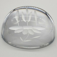 Vintage Hand Cut Crystal magnifying Etched Flower Paperweight