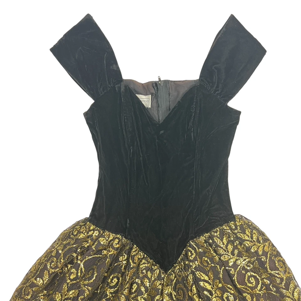 Vintage Jessica McClintock Gunne Sax Black Velvet Gold Lace Dress Size 3/4 Glam - Image 2 of 4