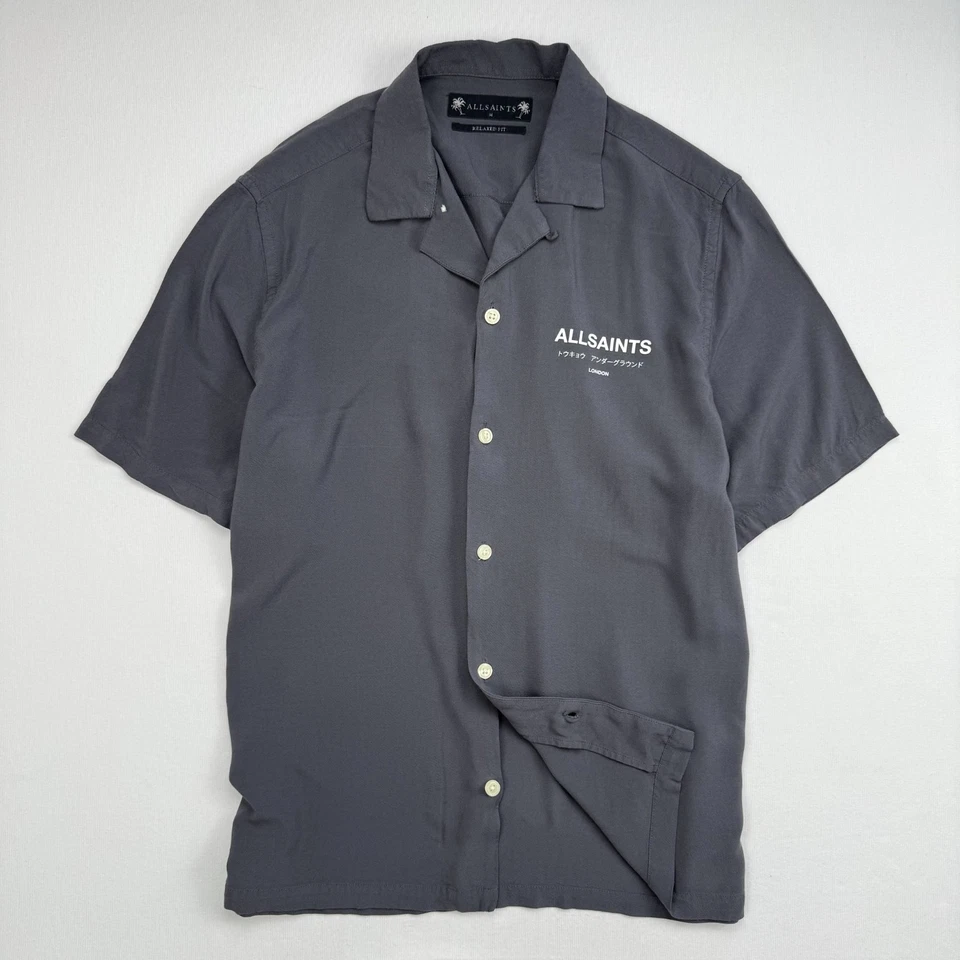 Camisa Subterránea ALLSAINTS Para Hombre M Manga Corta Gris Relajado Cuello Cubano Foto 2 de 4