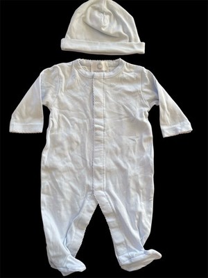 The Proper Peony EUC Blue Pima Cotton Embroidered Pajama Footie And Hat-3Mos