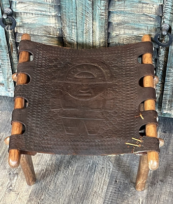 ANTIQUE ECUADORIAN HAND MADE LEATHER SLING EMBOSSED FOOT STOOL TEAK WOOD