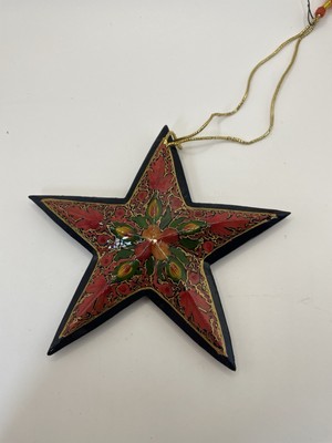Vintage Christmas Ornament Paper Mache Stars Lacquer Handpainted Red Green