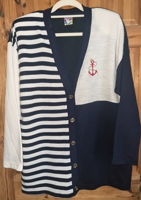 Vintage 80s C&A Cardigan Nautical Coastal Anchor UK 18-20 PTP 24'' Shoulder Pads