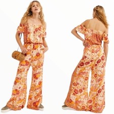 Free People Paisley Floral Off Shoulder Wide Leg Jumpsuit