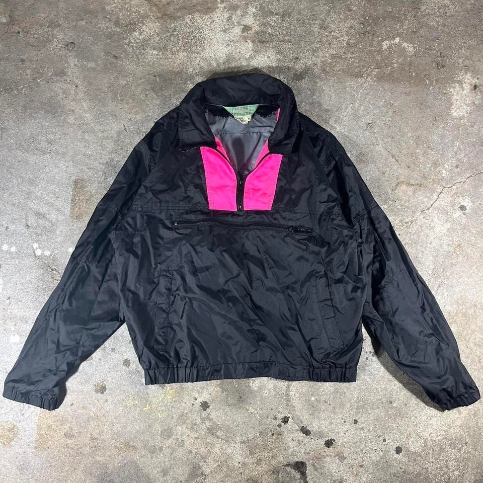 Outrageous Sports Black Neon Pink Nylon Windbreaker Jacket Mens Medium