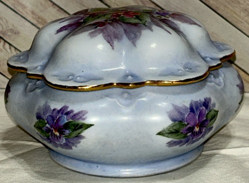 Vintage Hand Painted Pink & Purple Floral Trinket Dish With Lid 3” T By 5.5” W - Picture 7 of 24
