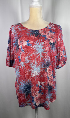 Ruby Rd Top Shirt Blouse Women 2X Stretch Short Sleeve Red Floral Beaded NW