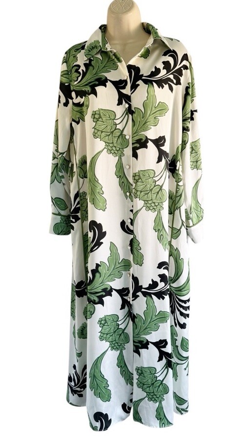 Zara Woman's Sz S Ecru Green Floral Print Midi Button Front Shirt Dress