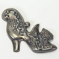 Sterling Silver Repousse High Heel Shoe Pin Brooch Victorian Art 2.25" x 1.8"