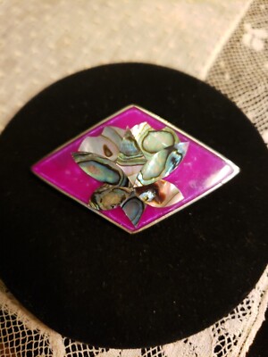 Alpaca Silver ABALONE FLOWER Pin Pendant, Unique Fuschia Background, Mexico, 2''