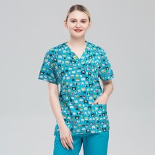 100 Cotton Unisex Cartoon Print Scrub Tops Soft Breathable V-Neck Short Sleeve