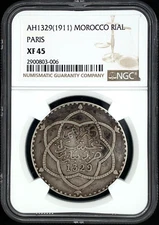 (1911) AH 1329 Morocco RIAL Paris Mint  NGC XF 45  KM Y#25