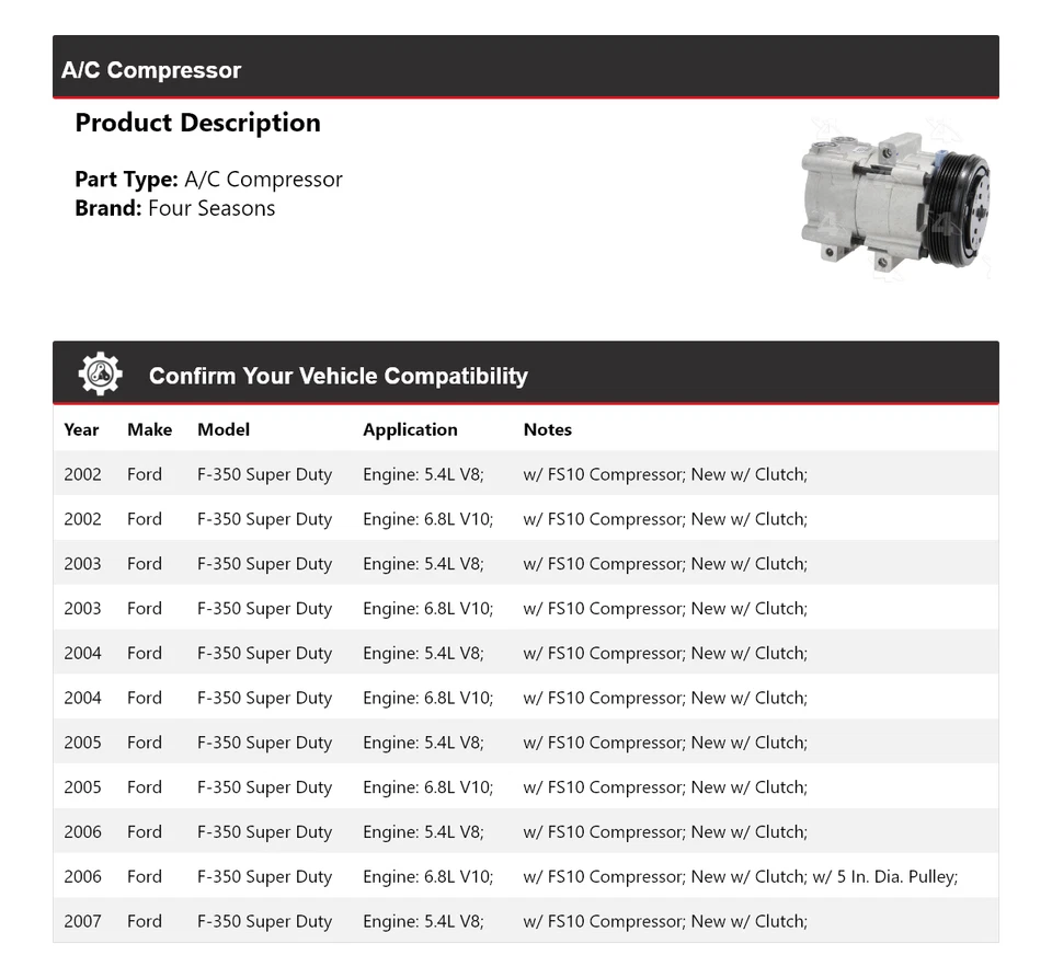Compresor de aire acondicionado para Ford F-350 Super Duty 2002-2007 4 estaciones 2003 2004 2005 2006 Foto 2 de 4