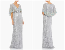 MAC DUGGAL 5221 SEQUINED FLORAL EMBELLISHED CAPE SLEEVE PLATINUM GOWN  12