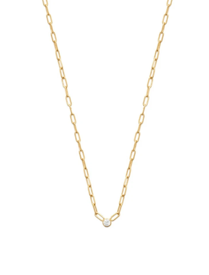 Collier Chaîne Avec Pendentif Solitaire Serti Clos Plaqué or 18 Carats 750/1000 - Photo 3/4