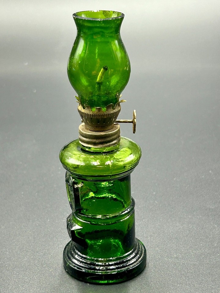 Miniature Green Hurricane Oil Lamp Made In Hong Kong Small Chips On