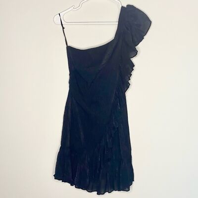 NWT Mable Black One Shoulder Mini Dress Shiny Ruffle Formal Party Size Small