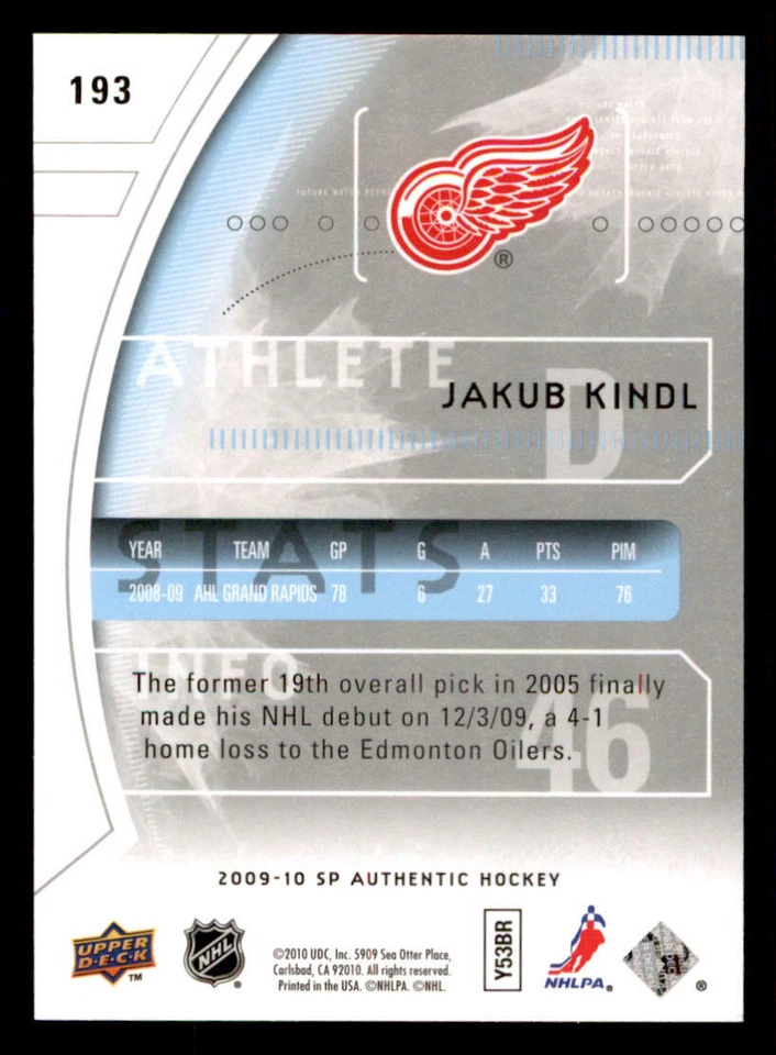 2009-10 SP Authentic #193 Jakub Kindl RC /999 (ref 239830) - Image 2 of 2