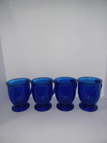 Set of 4 Vintage Anchor Hocking 16 oz Cobalt Blue Footed Mugs  with Handles