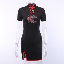 Femme Robe Chinoise Qipao Broderie Dragon Gothique Punk Vintage Escarpin Noir