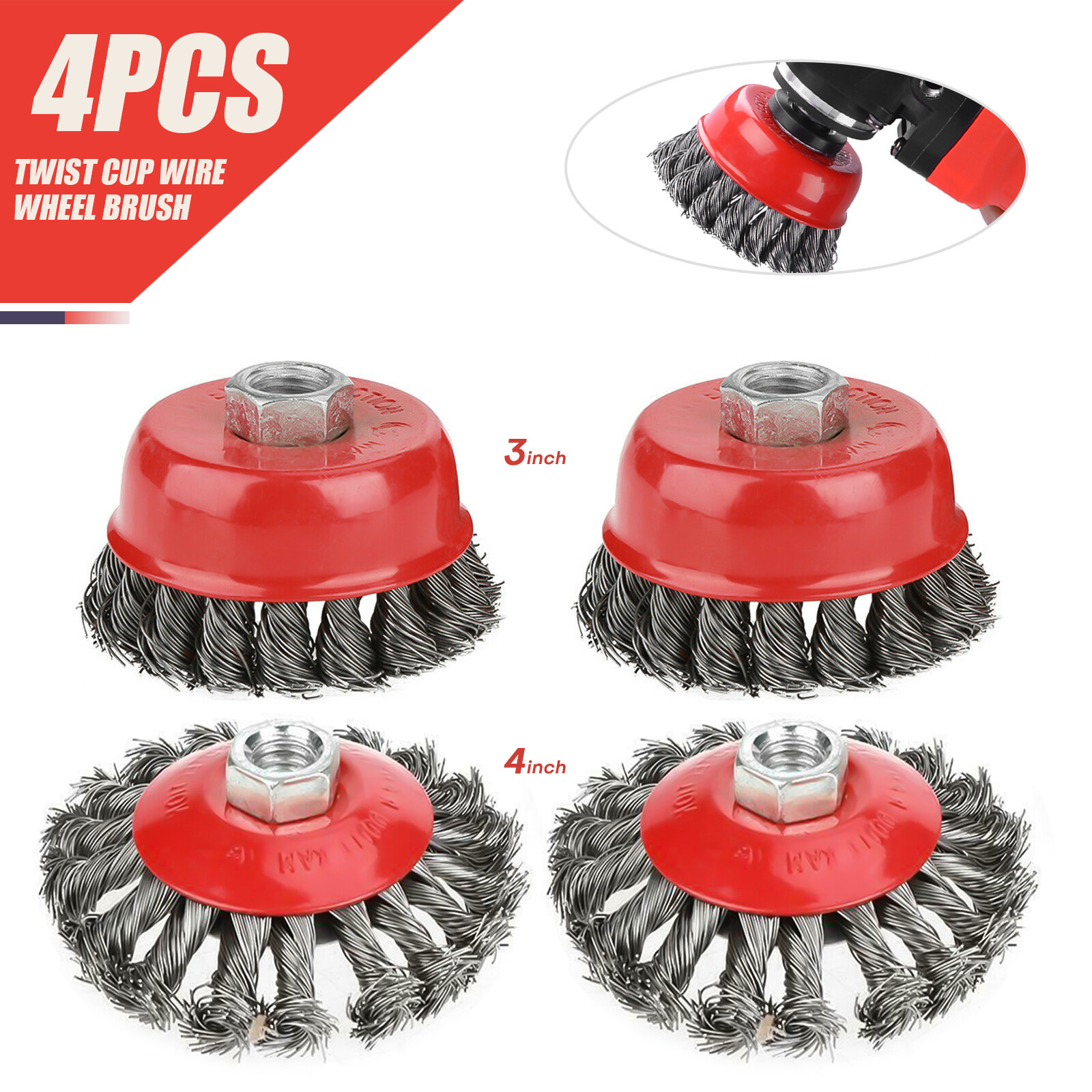 4Pcs Twist Cup Wire Wheel Brush 5/8"11 Arbor Wire for Angle Grinder