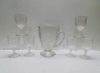 Jeannette Glass Iris & Herringbone Clear Depression 9" Pitcher & Six Goblets