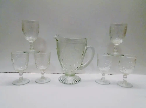 Jeannette Glass Iris & Herringbone Clear Depression 9" Pitcher & Six Goblets